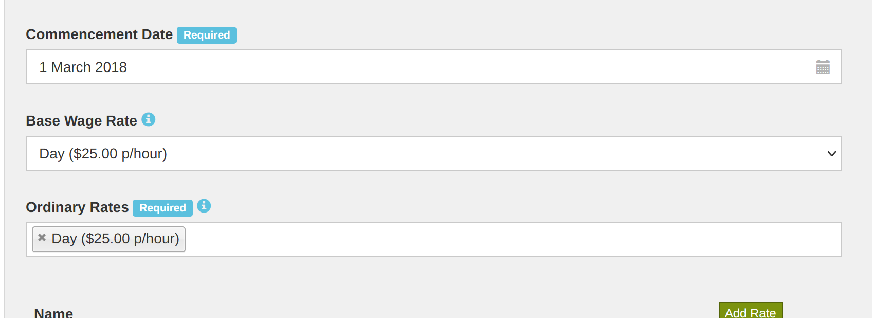 Base and Ordinary Rates fields